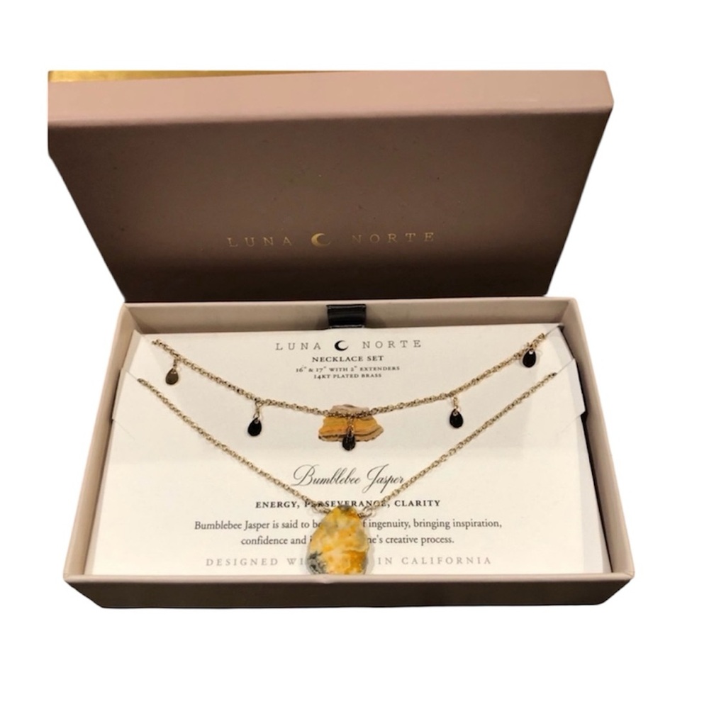 Luna Norte Bumblebee Jasper & 14 KT Plated Brass Necklace Set Of 2